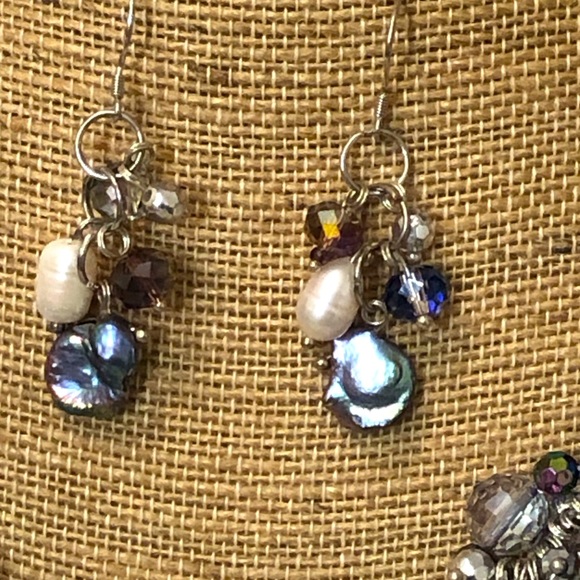 Gray, Purple Freshwater Pearl And Crystal Cluster Necklace , Earring Set 19+2 “ - Picture 2 of 6
